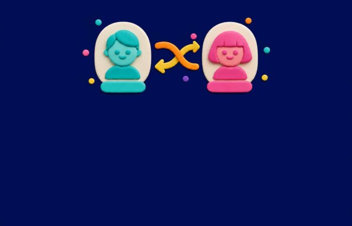 3D illustration of two colorful profile cards connected by crossed exchange arrows on a midnight blue background