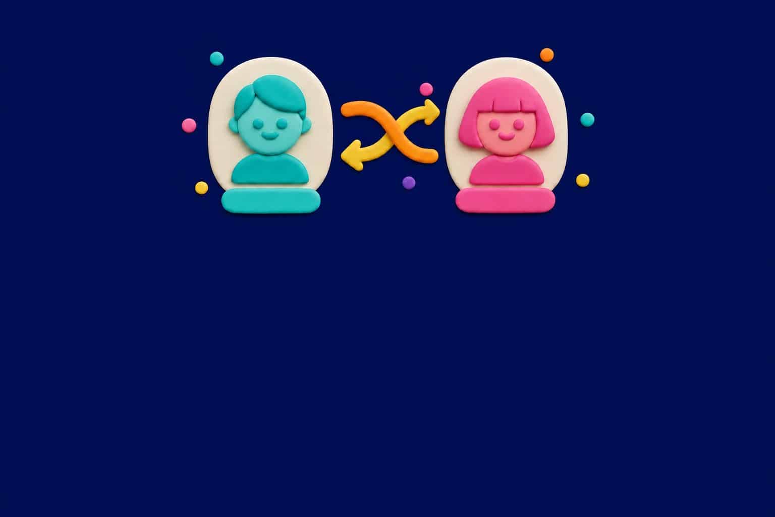 Illustration 3D : deux cartes de profil colorées reliées par des flèches d'échange croisées sur fond bleu nuit