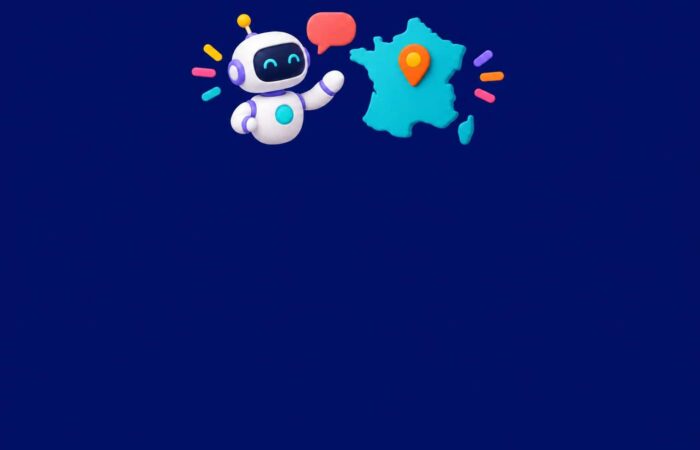 3D illustration of an AI assistant with a chat bubble and a map of France on a midnight blue background