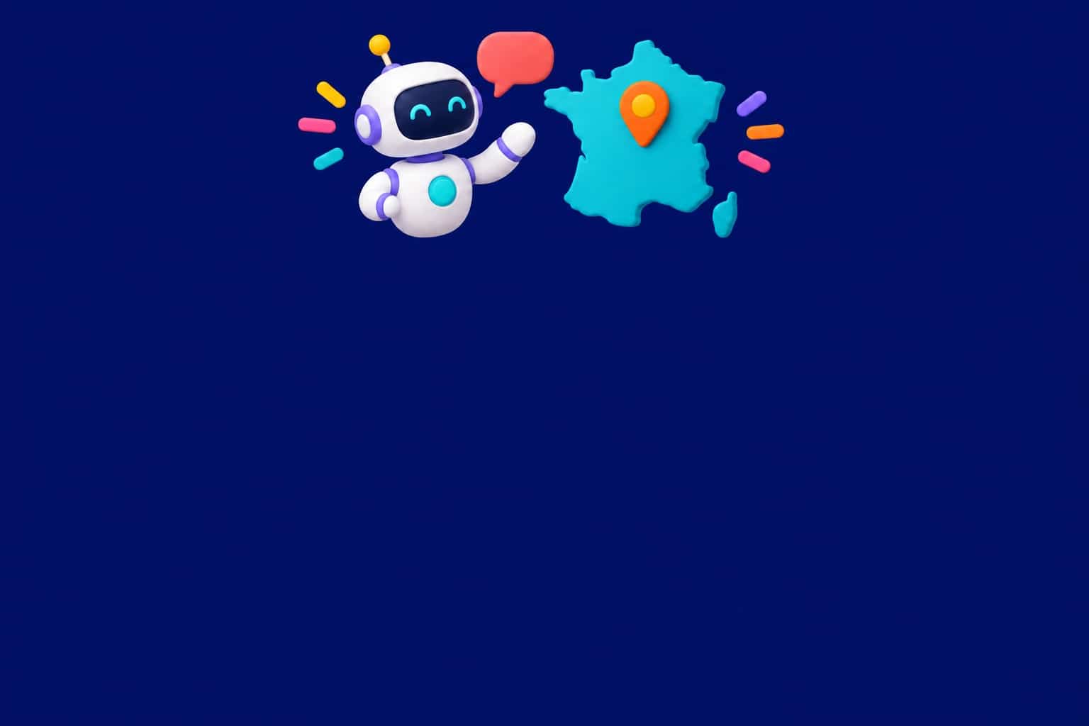 Illustration 3D dun assistant IA avec une bulle de discussion et une carte de France sur fond bleu nuit