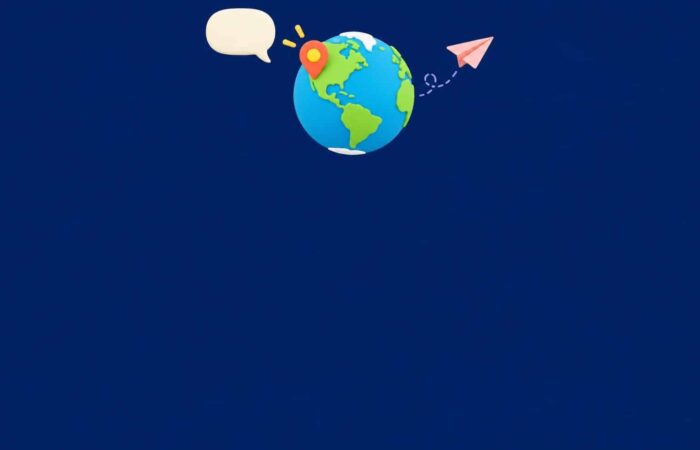 A soft 3D globe with a pin on the west coast of the United States and a chat bubble, on a navy blue background