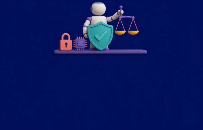 Illustration of ethical, responsible AI: a robot holding justice scales in front of a shield, padlock and chip on a navy blue background