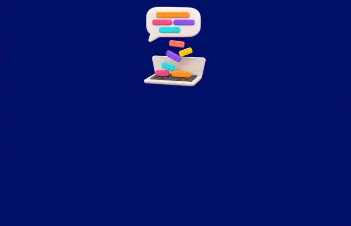 Soft 3D illustration of a large chat bubble pouring colorful text bars toward a laptop keyboard on a navy blue background