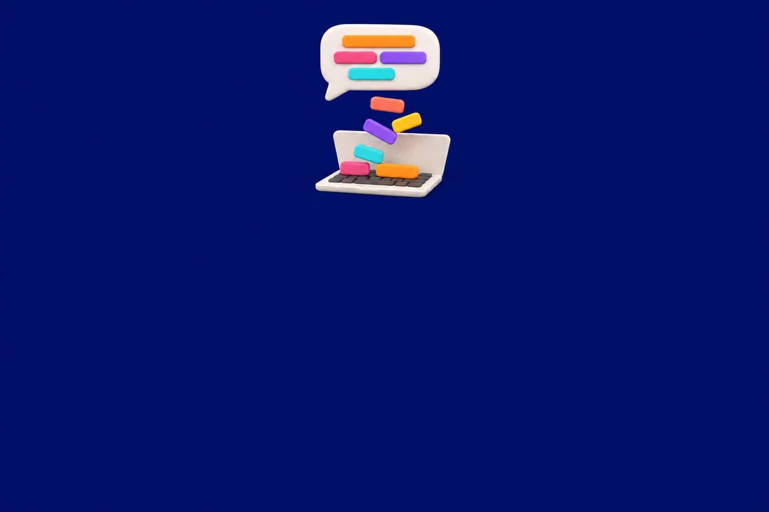 Illustration 3D douce : une grande bulle de discussion verse des barres de texte colorées vers un clavier d'ordinateur portable, sur fond navy