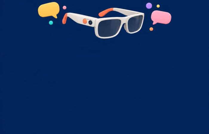 3D illustration of smart glasses with an AI assistant and chat bubbles on a navy blue background