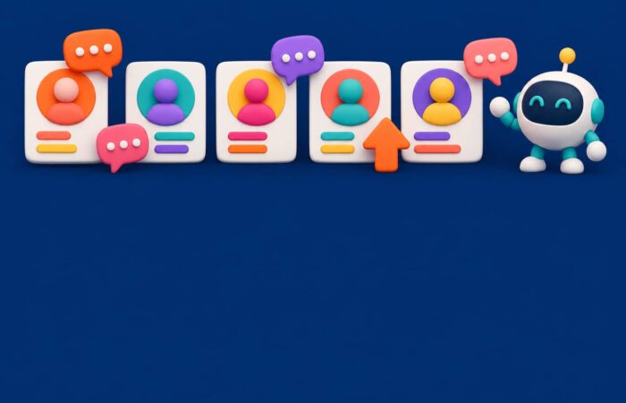 3D illustration of a row of profile cards with abstract avatars, chat bubbles, a voting arrow and a small robot on a navy blue background