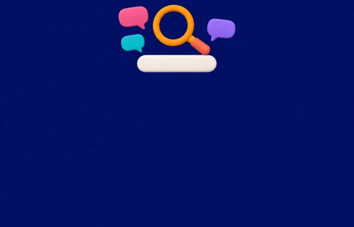 3D illustration of a magnifying glass above a search bar surrounded by chat bubbles on a midnight blue background