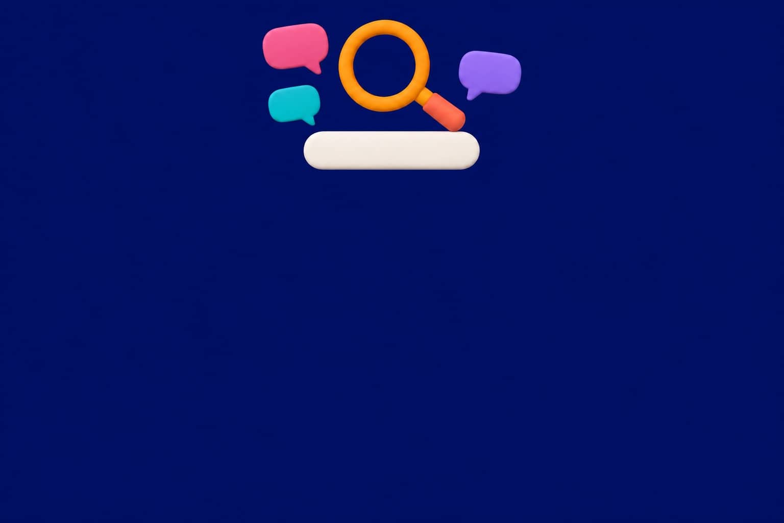 Illustration 3D d’une loupe au-dessus d’une barre de recherche entourée de bulles de discussion sur fond bleu nuit