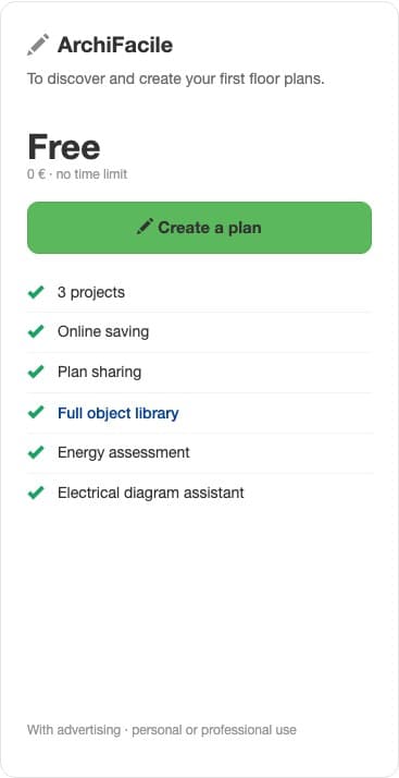 ArchiFacile free column: 3 projects, no time limit, full object library, with ads