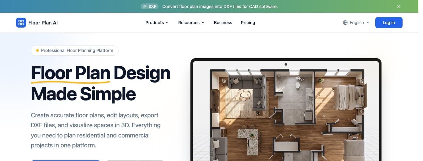 Floor Plan AI homepage with its free online layout promise