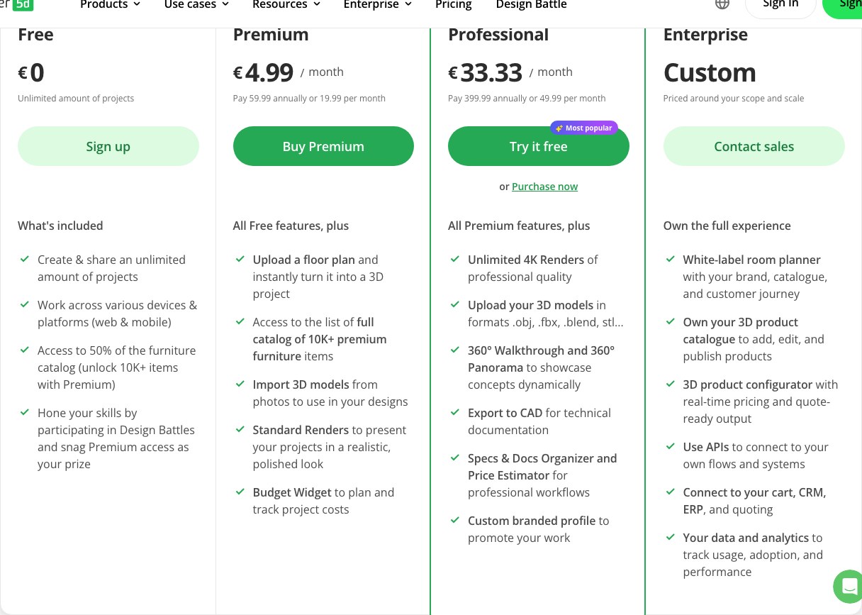Planner 5D English pricing table: Free plan with 50% of the catalog and Premium plan at 4.99 euros per month with floor plan upload