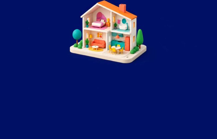 Cover illustration of a 3D cutaway house with furnished rooms on a midnight blue background