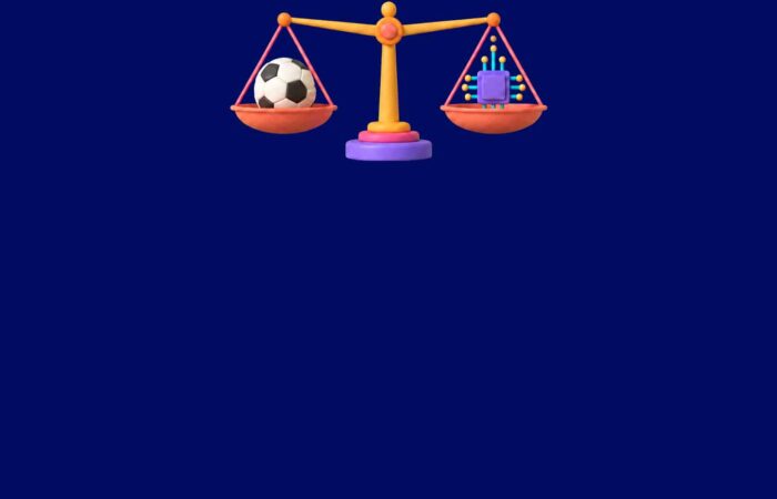 An AI prediction weighed in court: 3D scales comparing a football with an electronic chip on a navy blue background