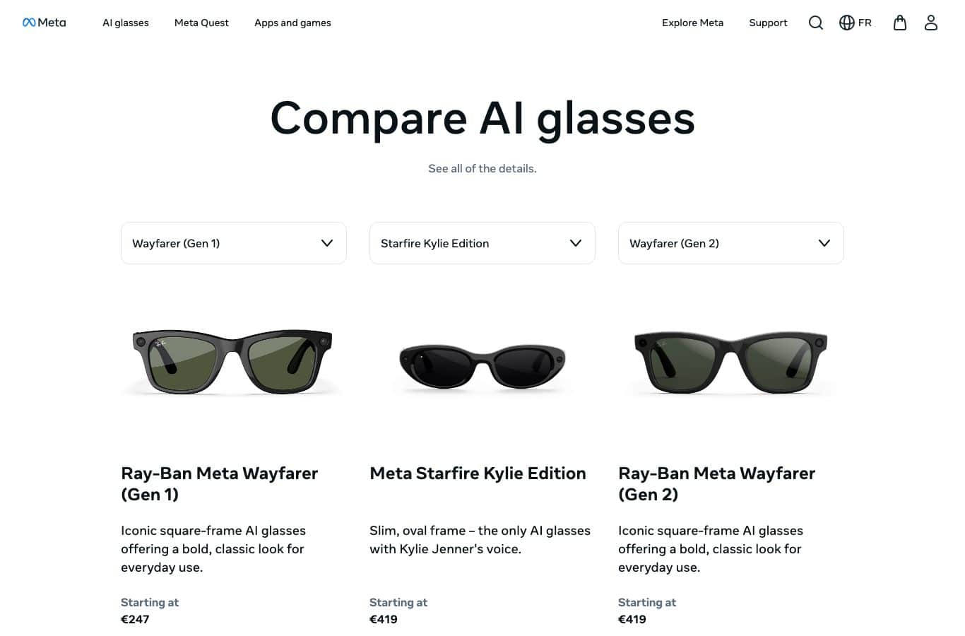 Screenshot of the official Meta comparison tool showing Ray-Ban Meta Wayfarer Gen 1 at 247 euros and Gen 2 at 419 euros