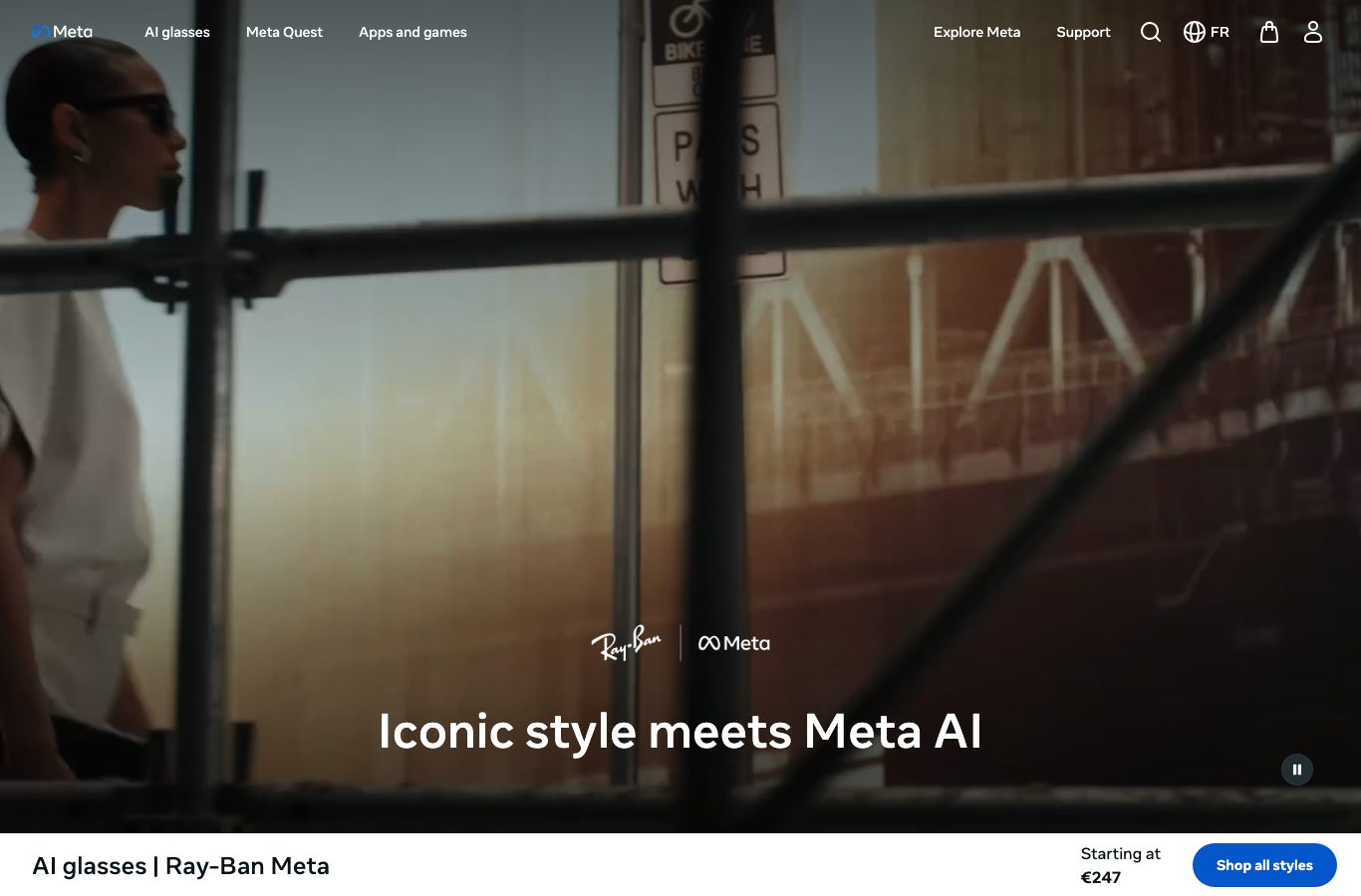 Screenshot of the official Ray-Ban Meta page showing a starting price of 247 euros
