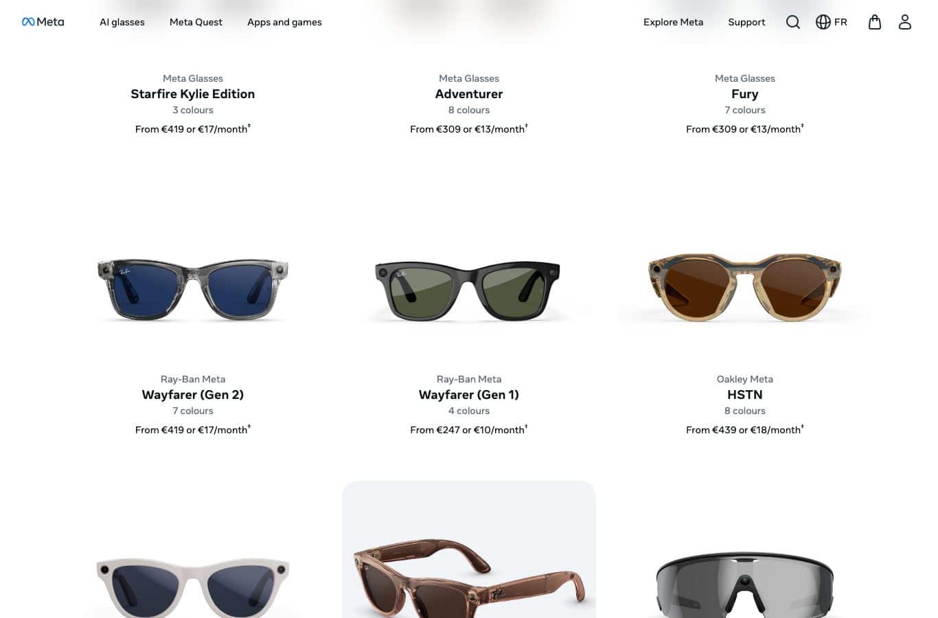 Screenshot of the Meta online store showing Ray-Ban Meta Gen 1 and Gen 2 prices in euros