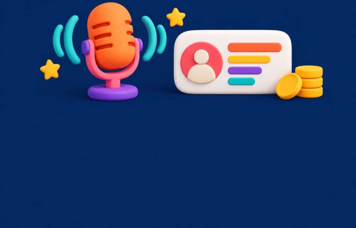 3D illustration of a microphone surrounded by sound waves and stars, beside a profile card and tokens, on a navy blue background