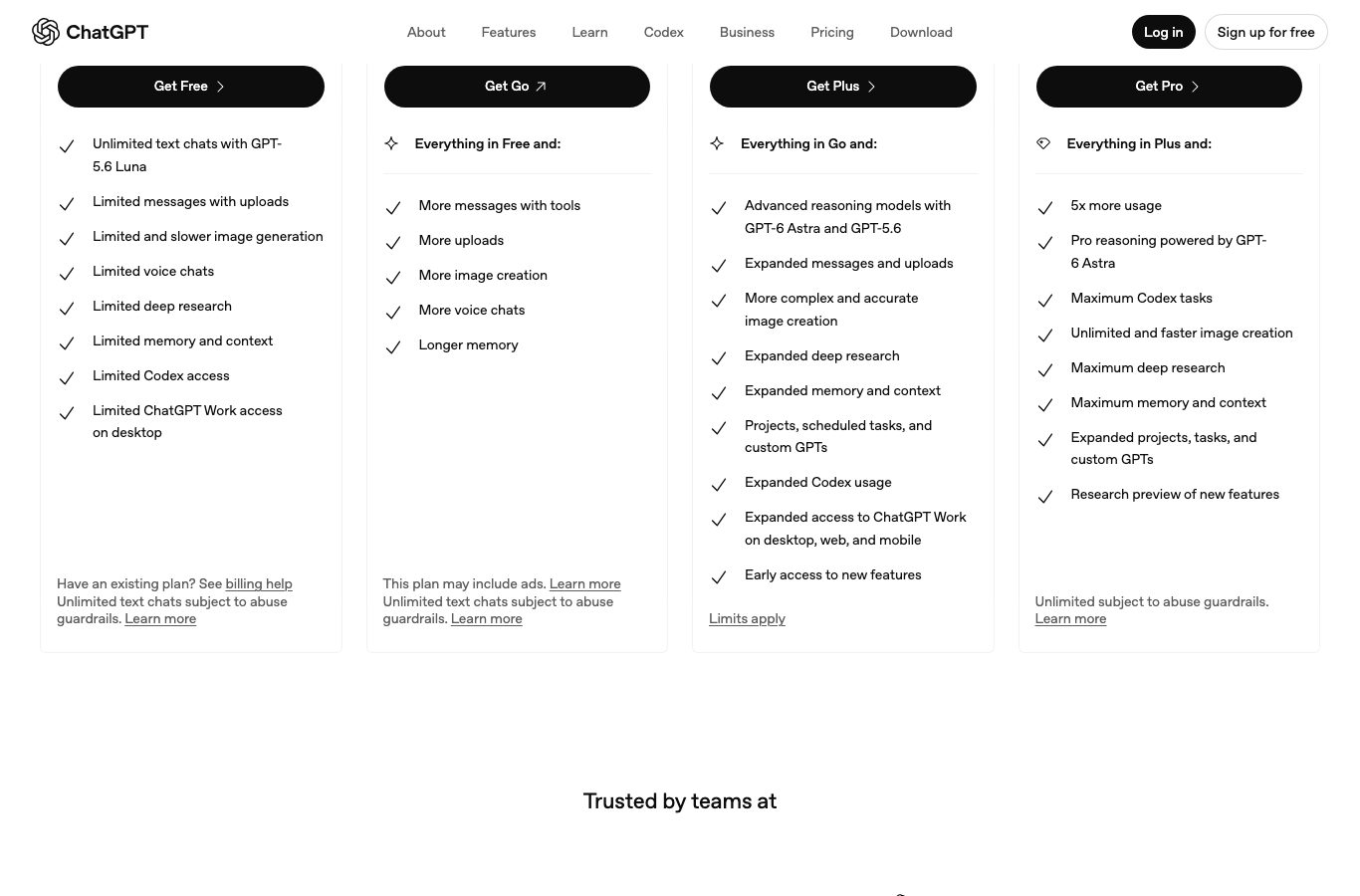 ChatGPT pricing page: the Plus column lists projects, scheduled tasks, and custom GPTs