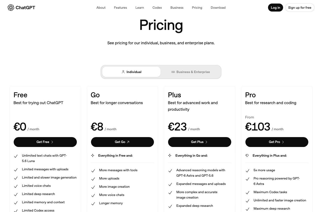 ChatGPT pricing page: Free, Go, Plus and Pro plans with no amounts displayed in our measurement