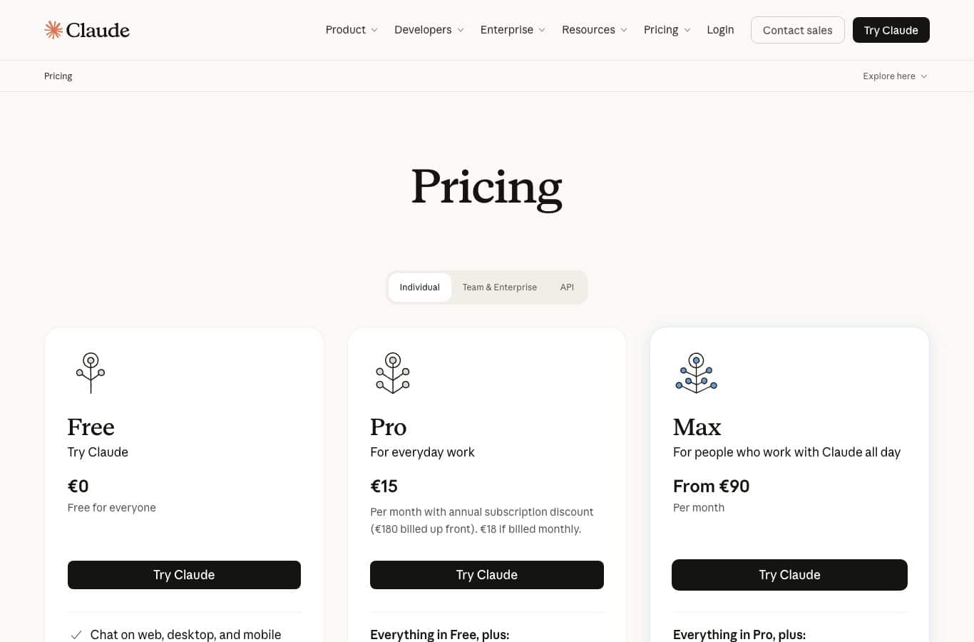 Claude pricing page: Free at 0 euros, Pro at 15 euros per month billed annually, Max from 90 euros