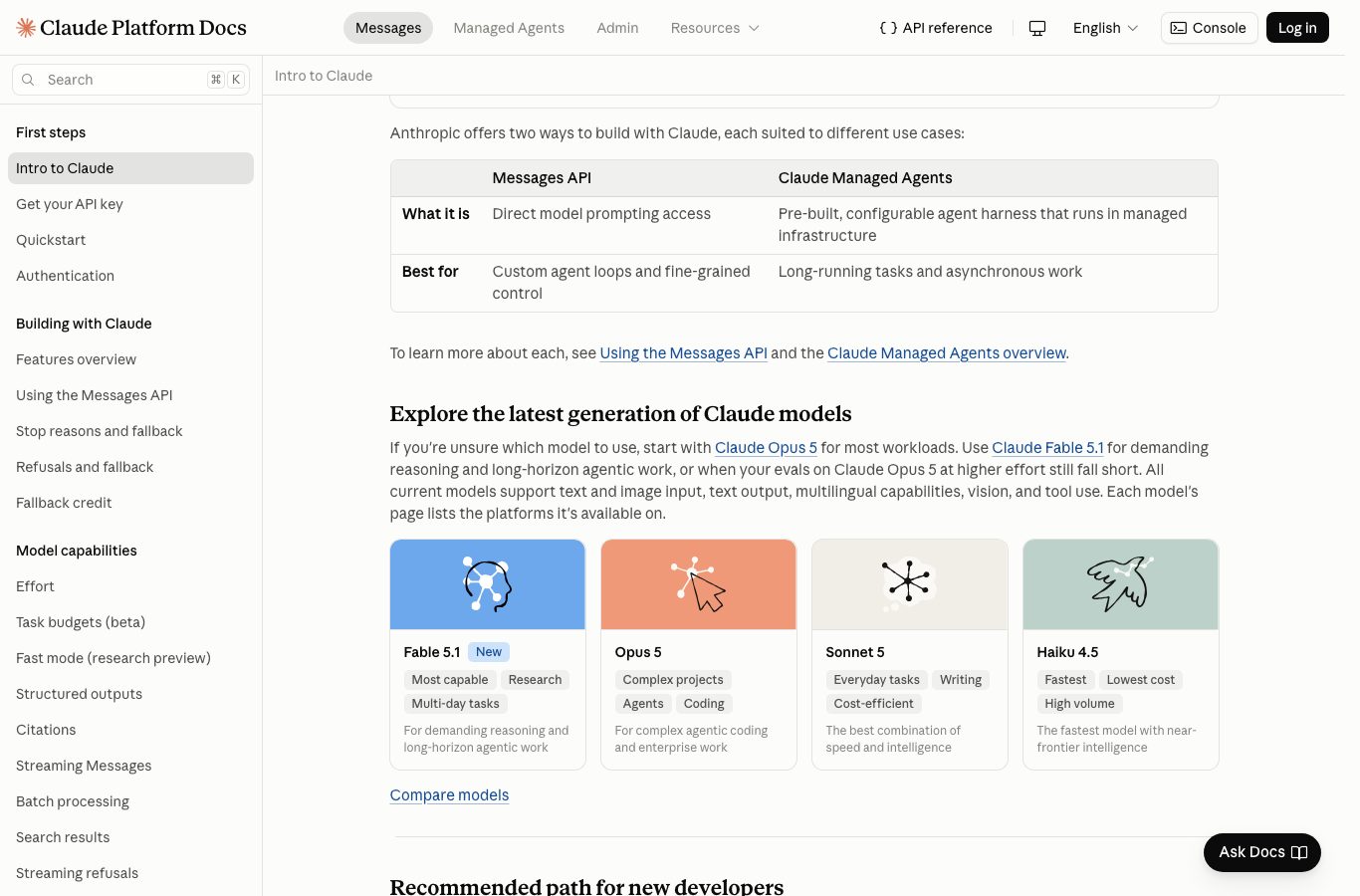 The official developer documentation lists Claude Fable 5.1, Opus 5, Sonnet 5 and Haiku 4.5