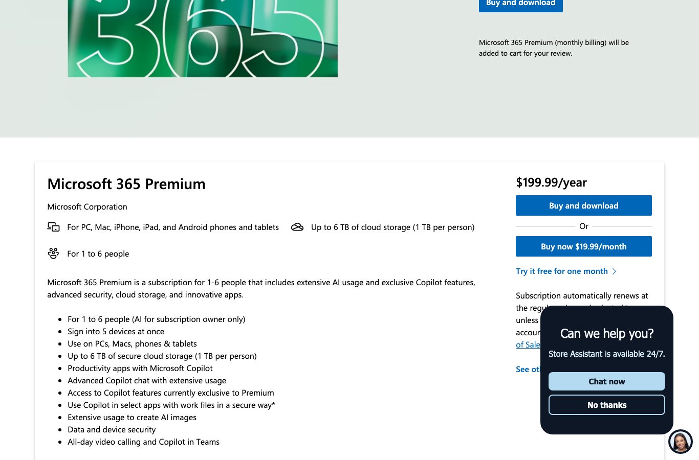 Official Microsoft 365 Premium page: $199.99 per year or $19.99 per month with a one-month free trial
