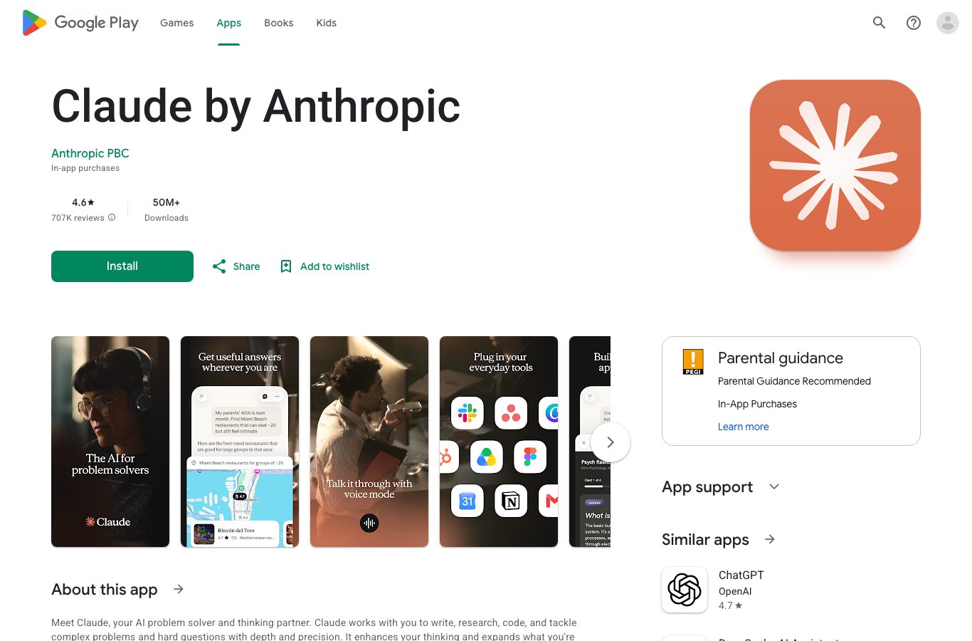 The Google Play listing of the Claude by Anthropic app, published by Anthropic PBC, rated 4.6 out of 5 with more than 50 million downloads
