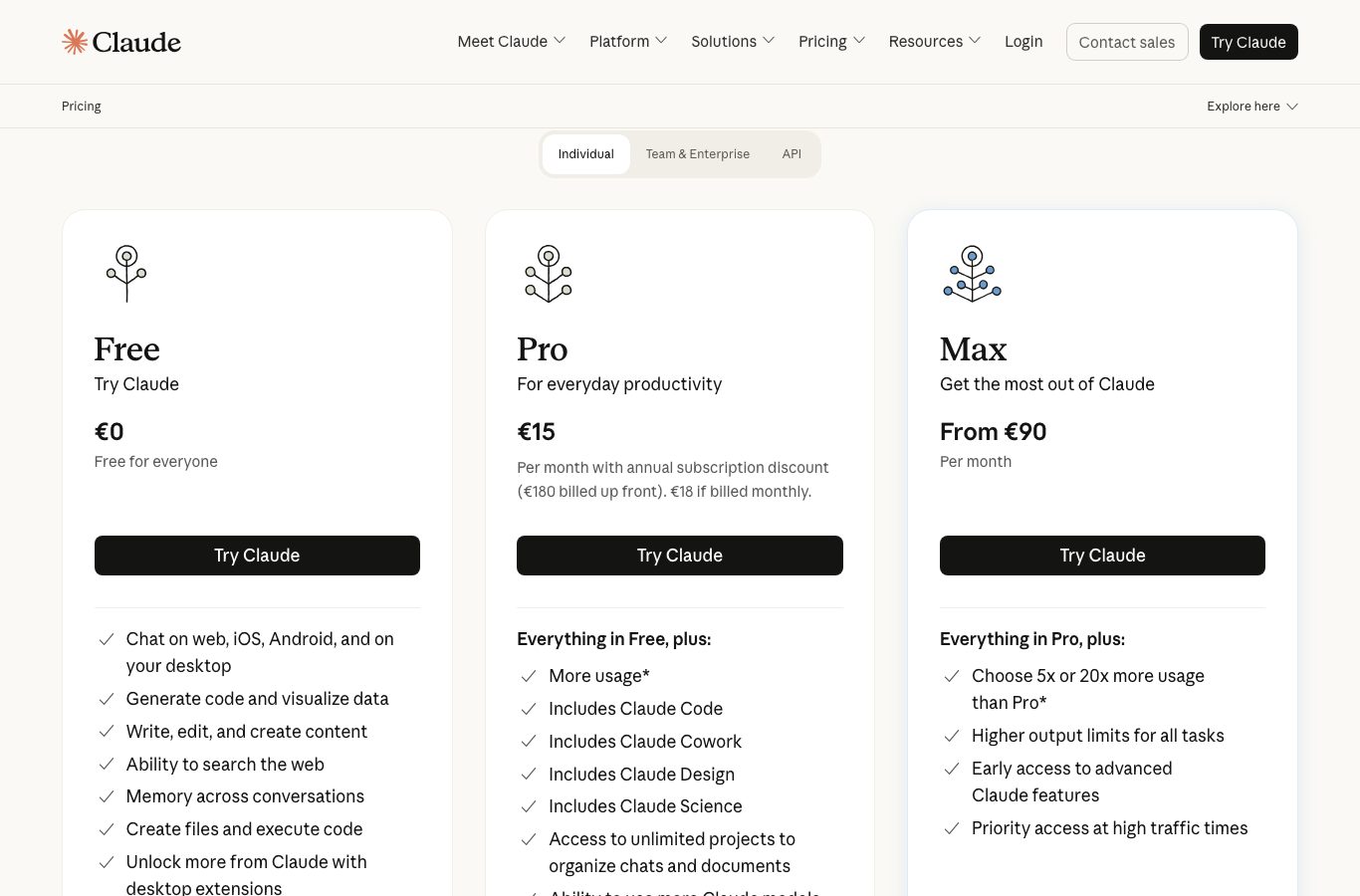 The official Claude pricing page: Free at 0 dollars, Pro at 17 dollars per month on annual and 20 dollars monthly, Max from 100 dollars
