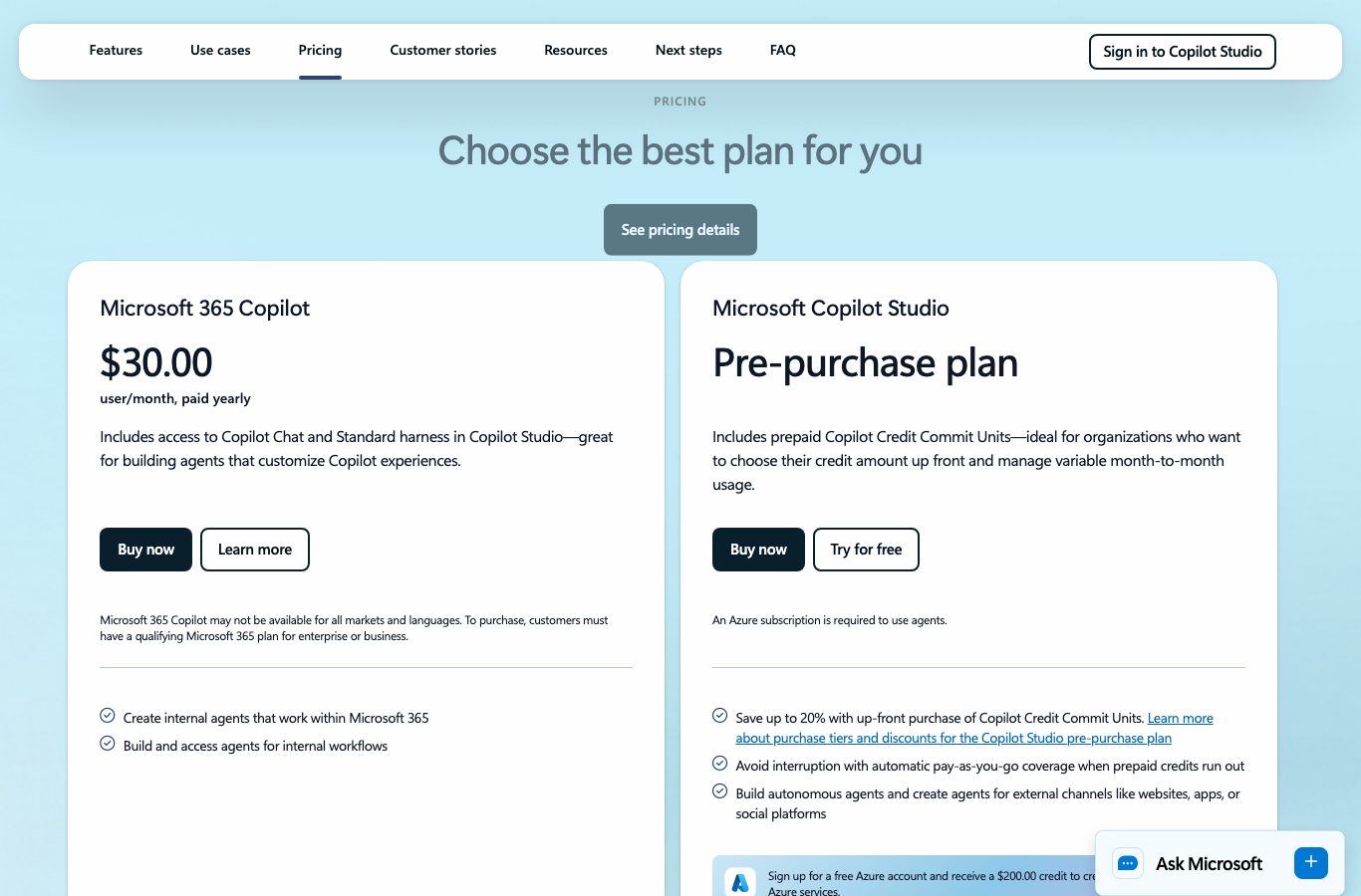 Official Copilot Studio page: Microsoft 365 Copilot offer at $30.00 per user per month, paid yearly
