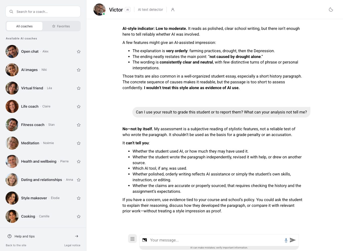 Screenshot of Nation AI's chat with Victor, who lists what his reading of a paragraph cannot tell a teacher