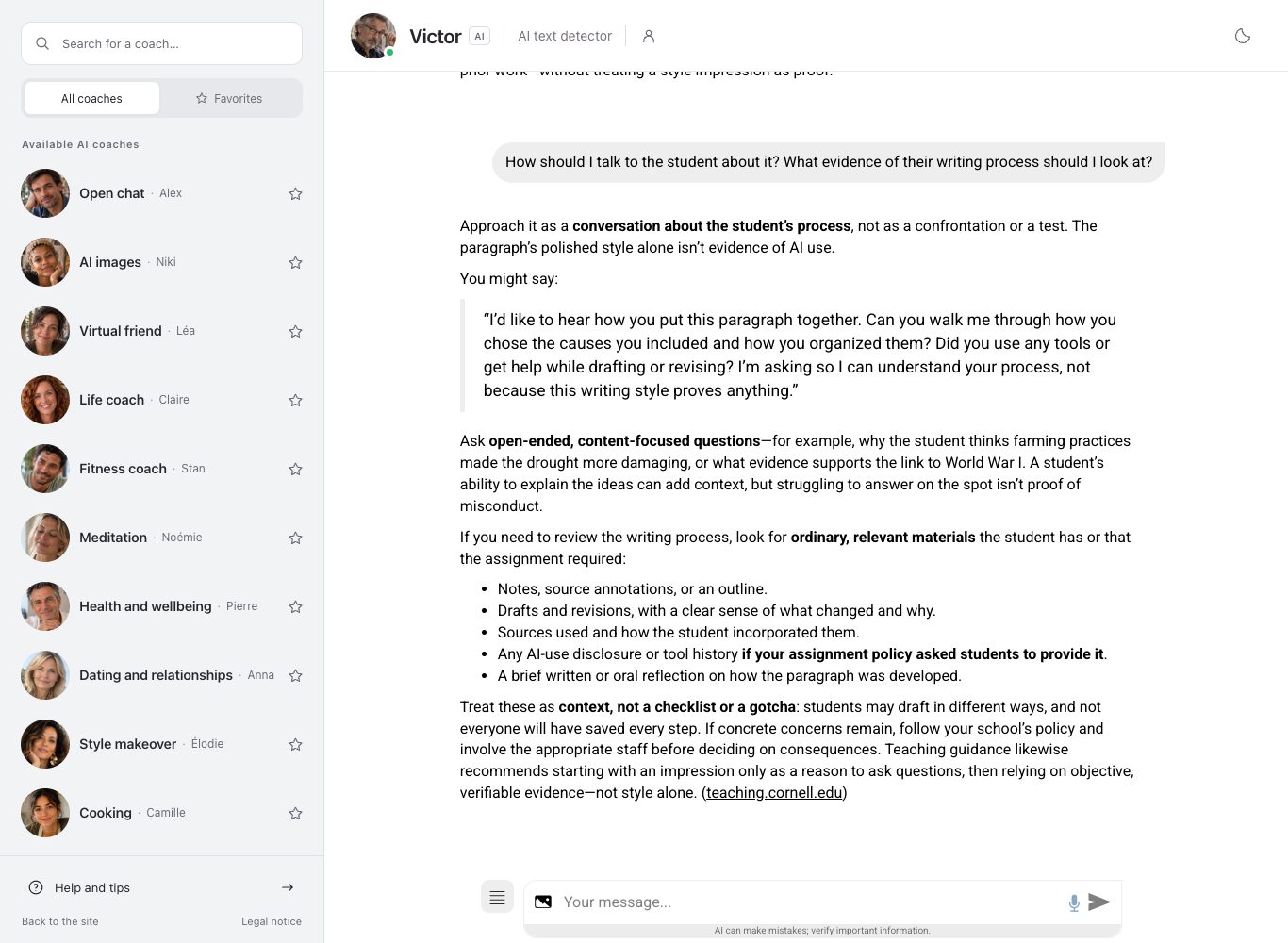 Screenshot of the Nation AI chat: Victor's suggested words for talking with the student, then a list of process materials