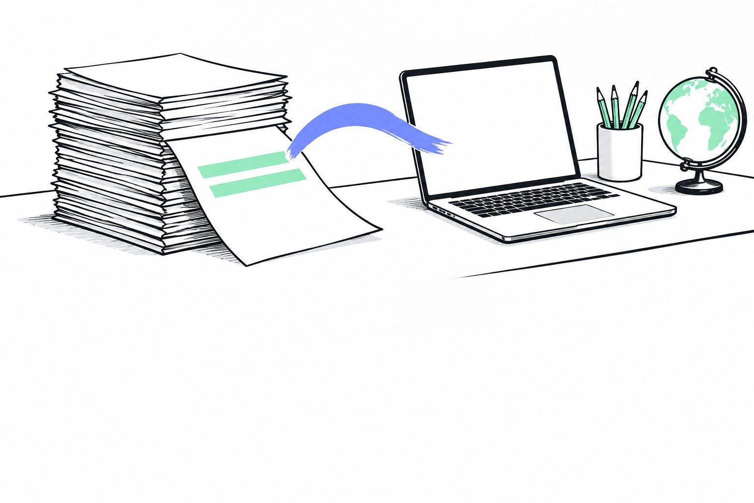 A flat editorial illustration, three-quarter view of a teacher desk in the upper half of the frame on a white background: a tall stack of blank essays, one sheet pulled out with two lines highlighted in mint, an open laptop with a blank screen, a white mug of pencils, a small globe with mint land, a periwinkle brush stroke linking the sheet to the laptop; the lower part is calm empty white space.