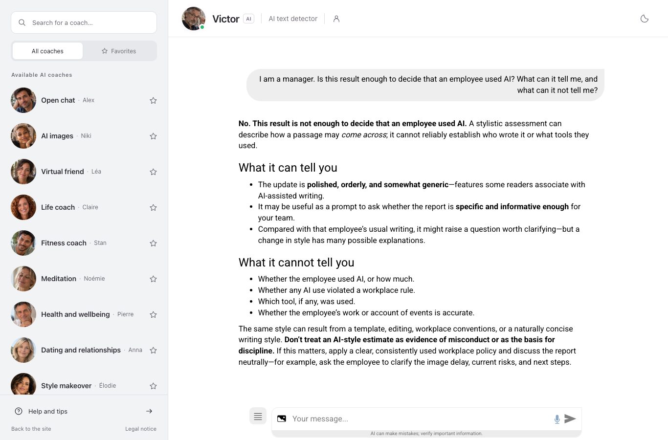 Screenshot of the Nation AI chat with Victor. Asked whether a Moderate reading decides anything about authorship, Victor answers no and lists what the result cannot tell.