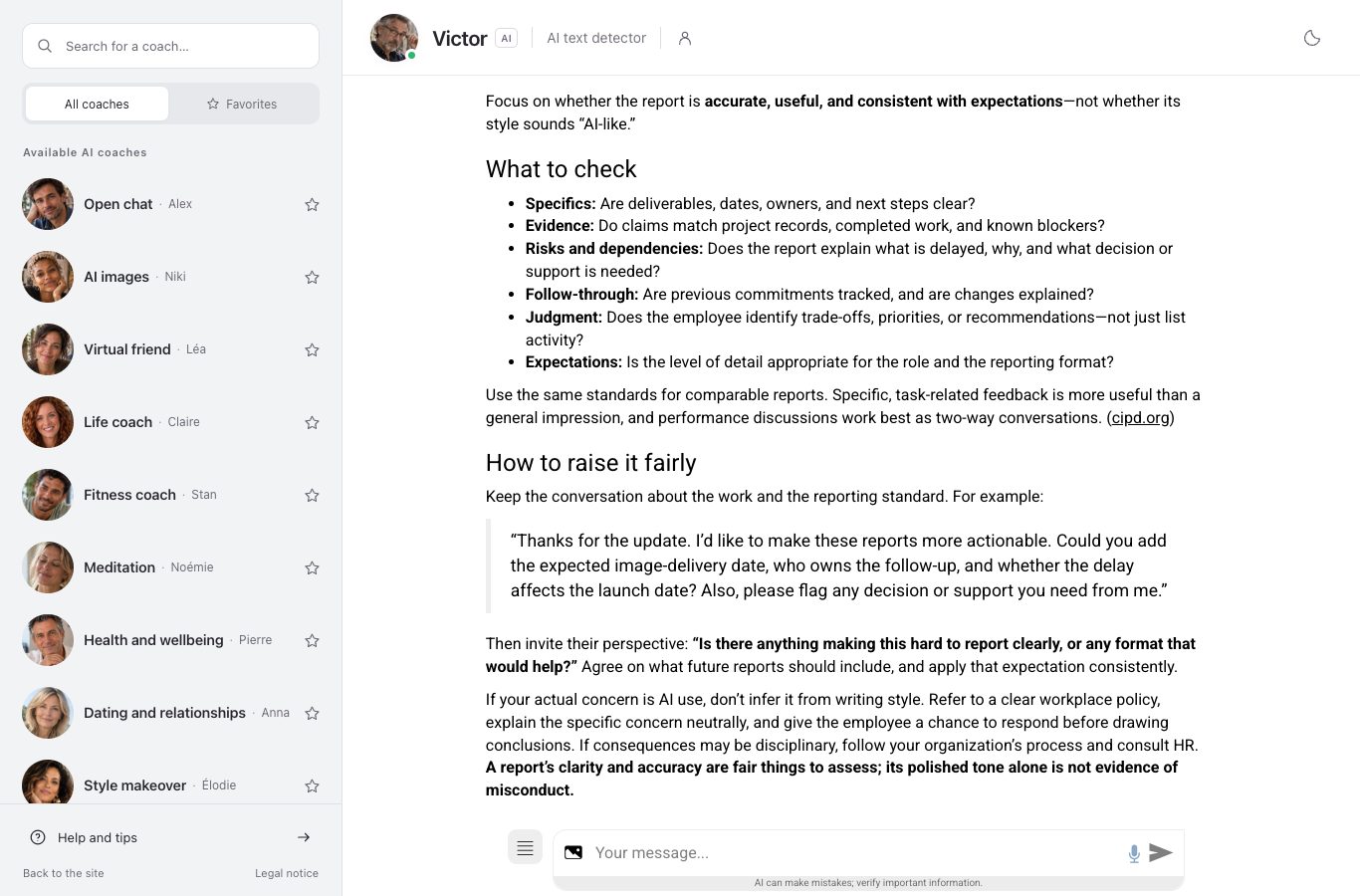 Screenshot of Victor's reply listing what to examine in a status report: specifics, evidence, risks and dependencies, follow-through, expectations.