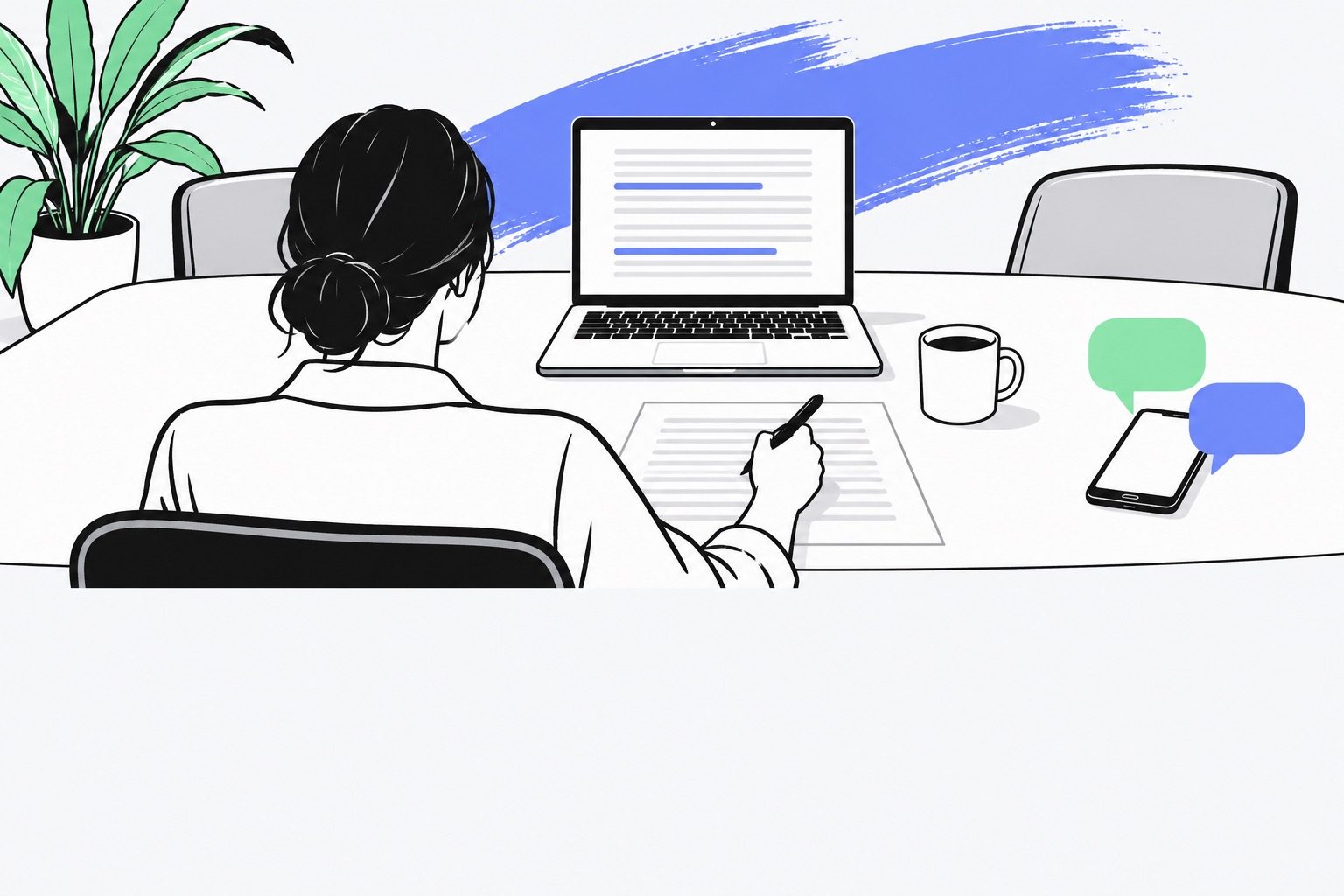 a flat editorial illustration, front view of an office meeting table in the upper half of the frame: an open laptop showing a document of blank lines with two segments highlighted in periwinkle, a manager seen from behind holding a pen above a printed report of blank lines, a coffee mug, a plant, a smartphone with empty mint and periwinkle speech bubbles, a periwinkle brush stroke behind the laptop; the lower third is calm empty light space