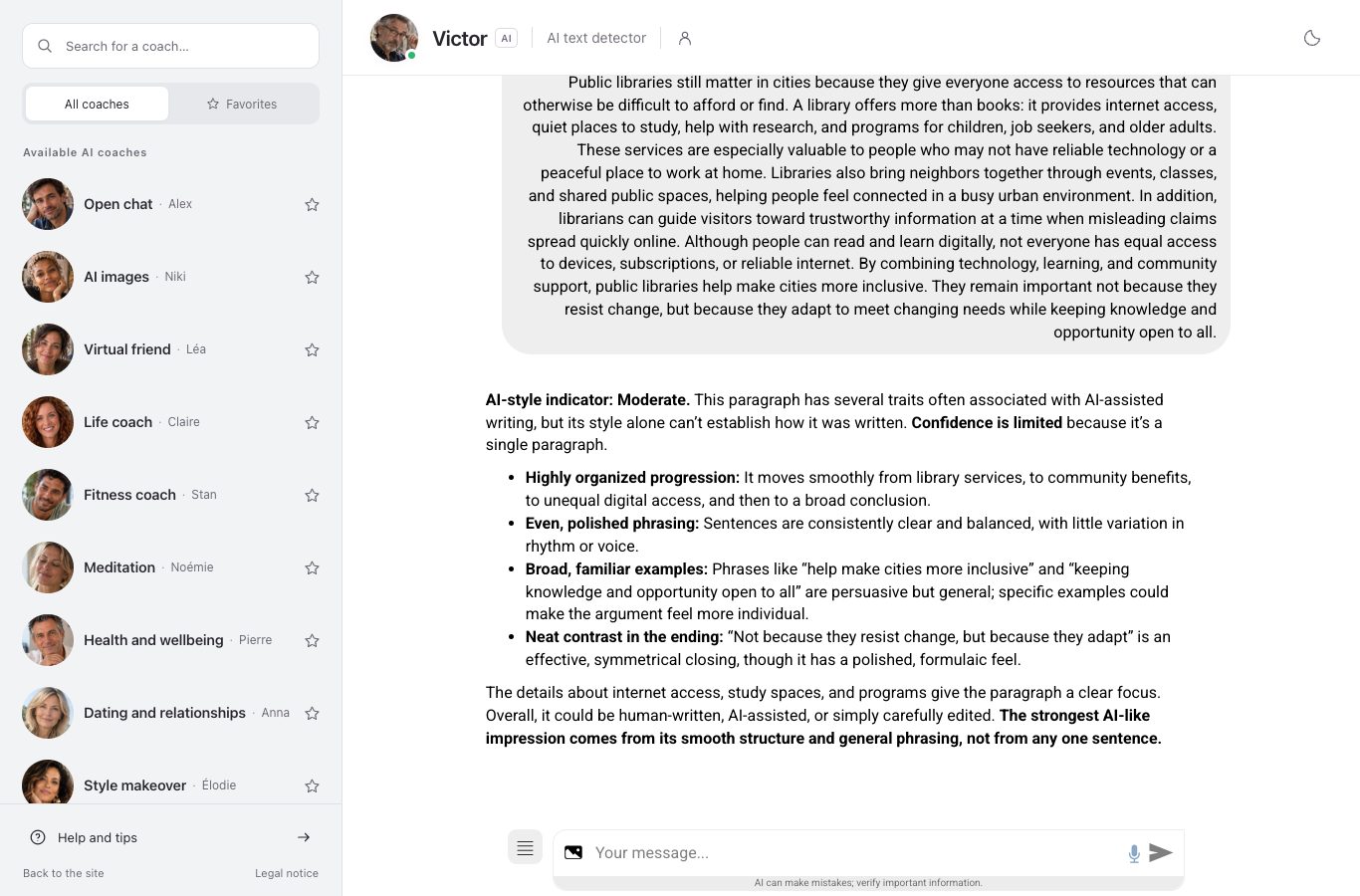 Screenshot of the nation.ai chat with Victor, AI text detector: the pasted paragraph sits in a grey bubble and the reply opens with “AI-style indicator: Moderate.” followed by a list of style signals.