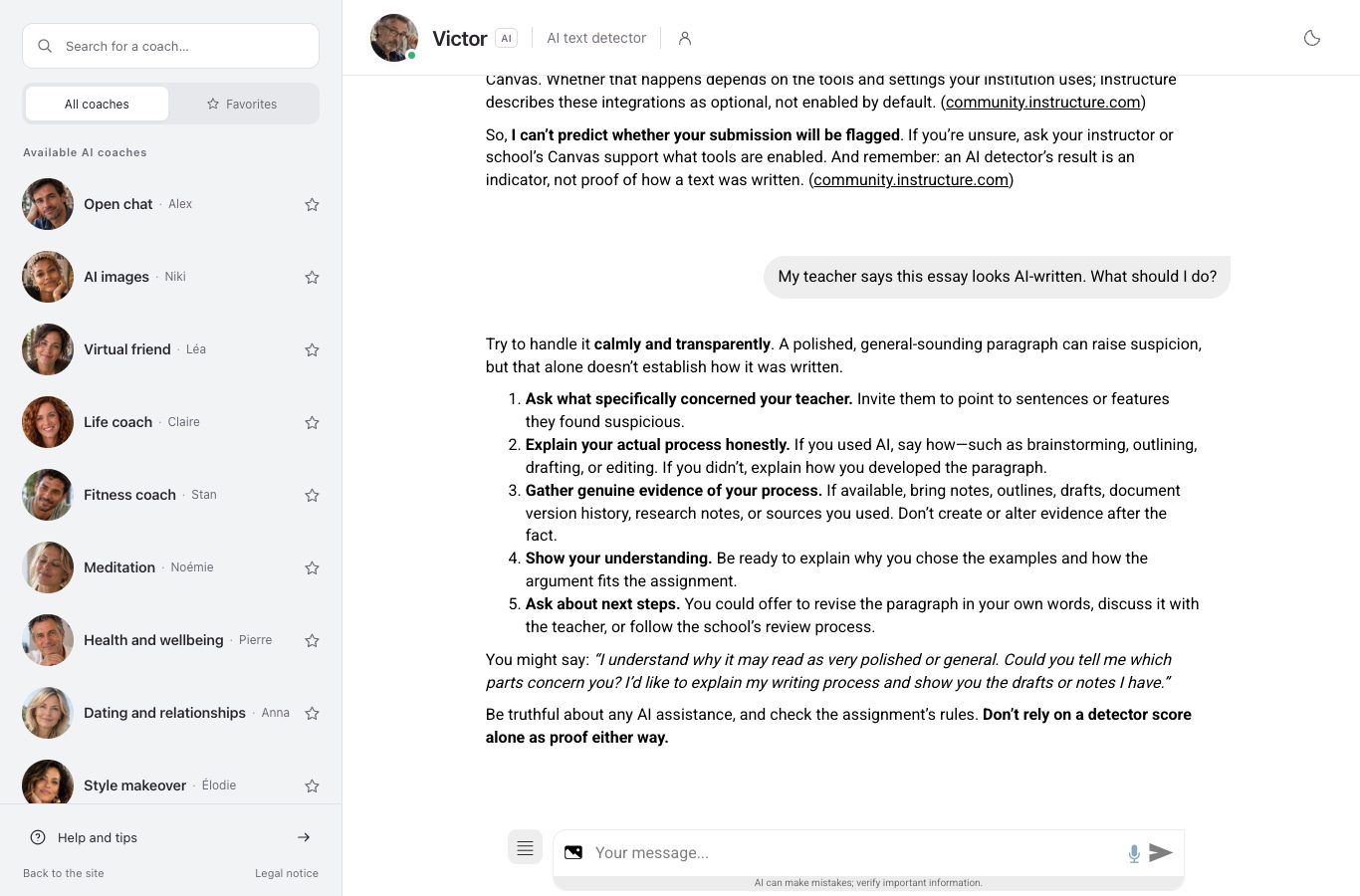 Screenshot of the nation.ai chat with Victor listing numbered steps to follow when a teacher says an essay looks AI-written, ending with a sample sentence to send.