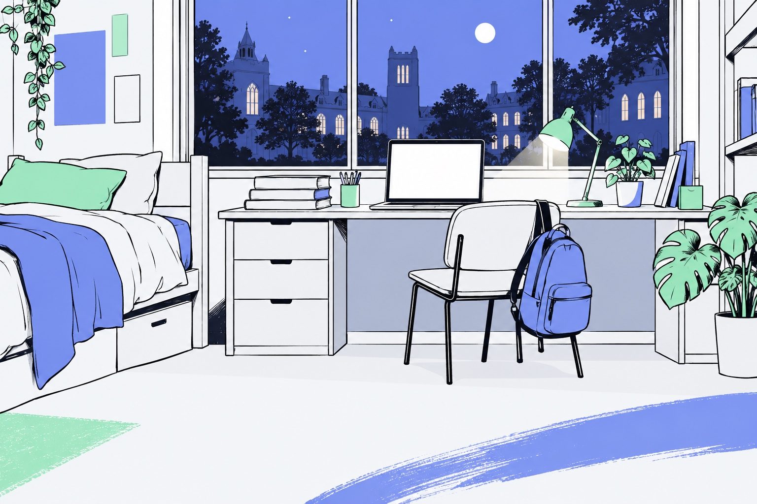 A wide flat editorial illustration of a college dorm room at night: a desk under a large window with an open laptop showing a blank screen, a backpack on the chair, textbooks and a desk lamp, campus buildings with arched windows and trees under a periwinkle evening sky outside; the lower part of the image is calm light floor