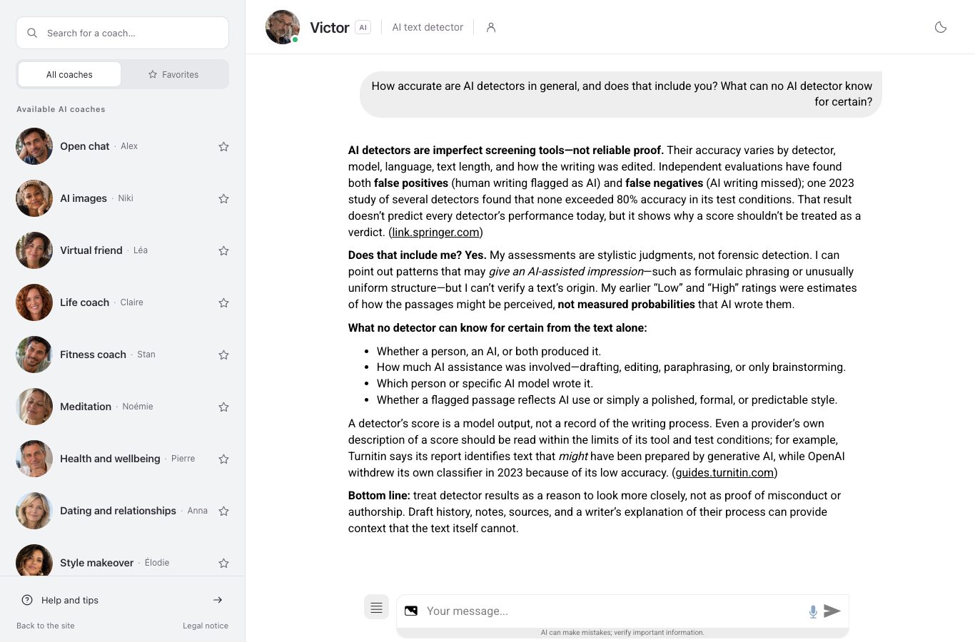 Screenshot of the Nation AI chat with Victor: the user asks how accurate AI detectors are and which signals no tool can read from a text, and the answer lists what stays out of reach.