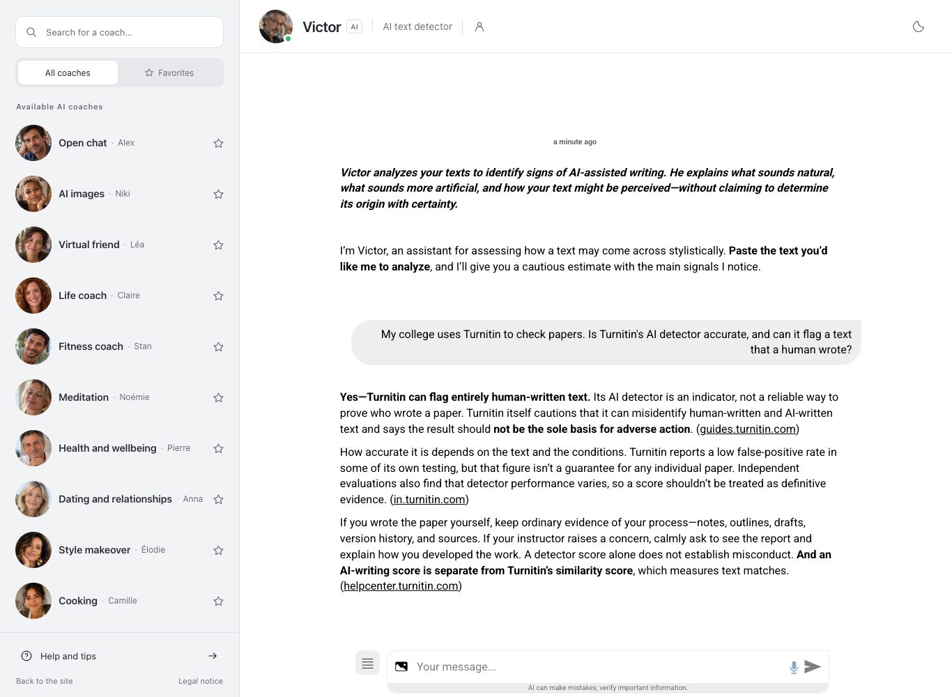 The Nation AI chat with Victor, his header and role visible, the question about the college's check and the start of his answer.