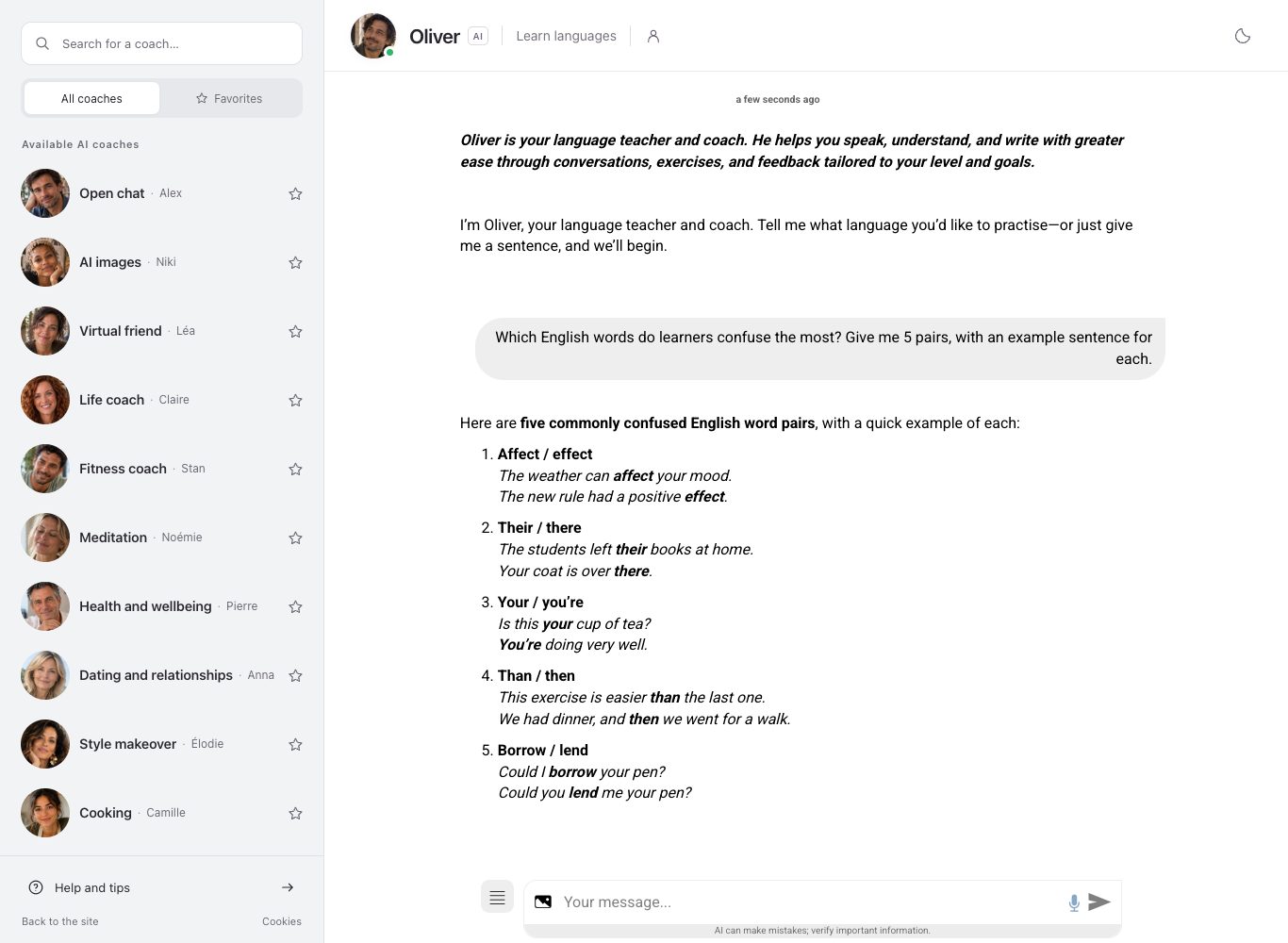 Screenshot of the chat with Oliver: five pairs of English words that learners often confuse, each with an example sentence