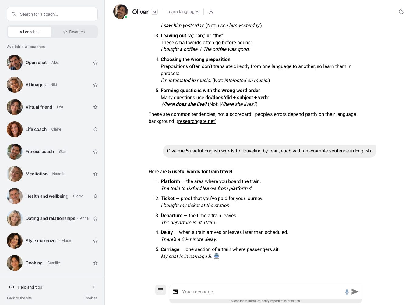 Screenshot of the chat with Oliver: the end of his list of common mistakes, then five English words for train travel, each with an example sentence