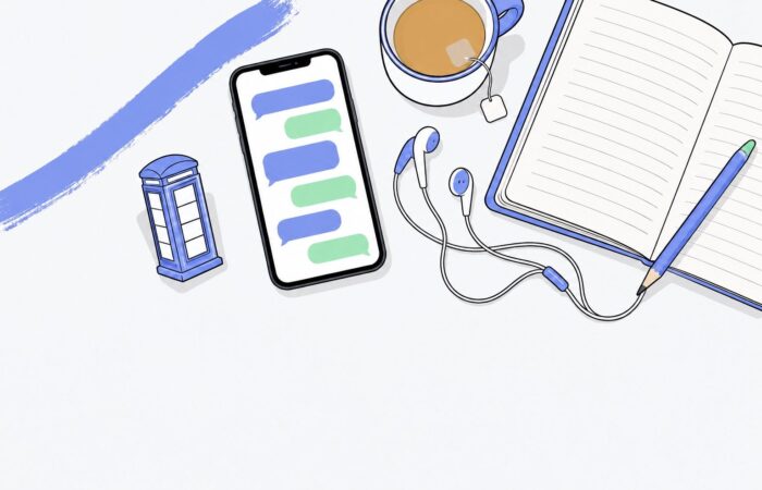 Vue de dessus d'un petit bureau d'étude : un smartphone posé à plat avec des bulles de conversation vides bleu parme et menthe, un carnet ouvert aux pages lignées vierges avec un crayon, une tasse de thé dont le cordon passe sur le bord, des écouteurs filaires en boucle souple et une figurine de cabine téléphonique londonienne bleu parme ; une coulure de peinture bleu parme dans le coin supérieur gauche.