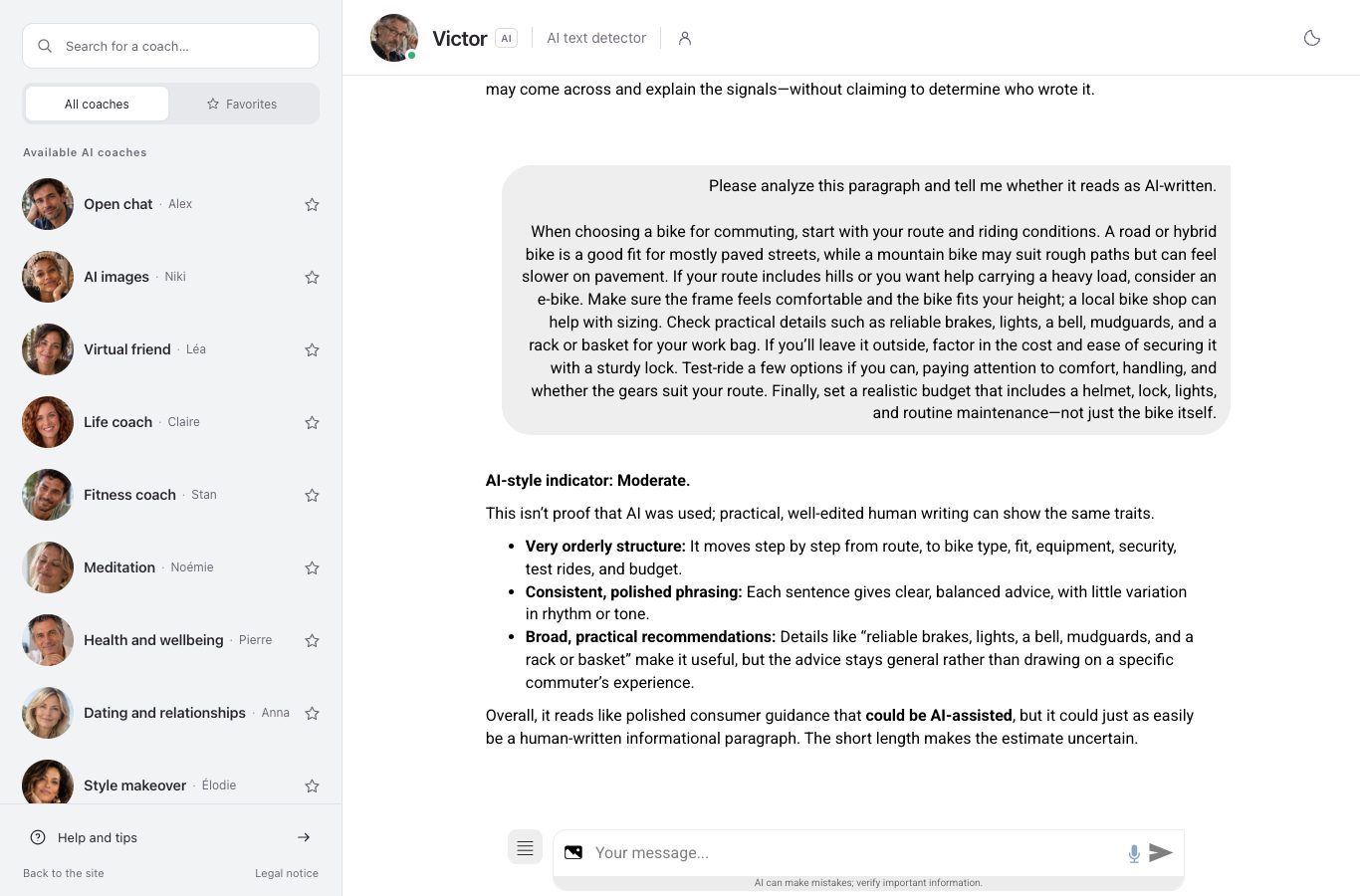 The Nation AI chat with Victor: under the pasted paragraph, his reply opens with “AI-style indicator: Moderate.” and explains the signals behind it