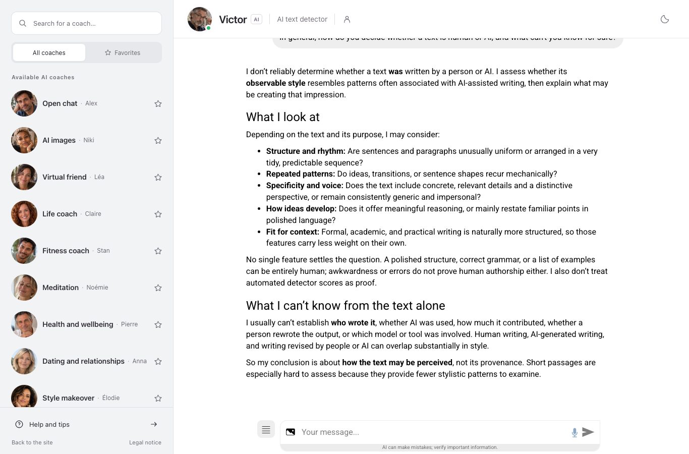 The Nation AI chat with Victor: his detailed reply on the signals he examines in a text and on what he cannot know from the text alone