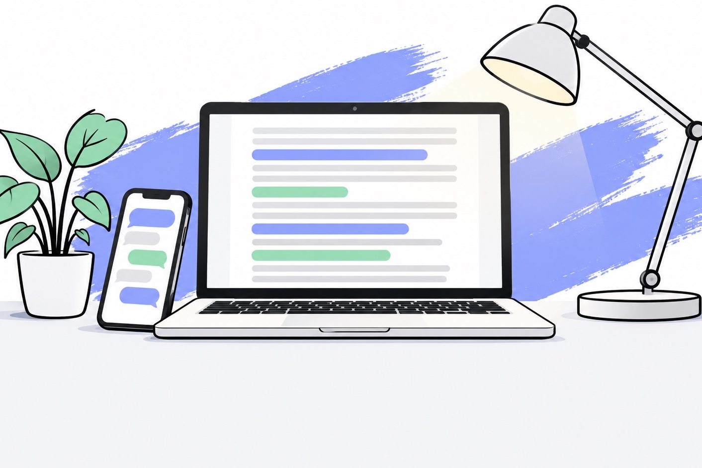 An open laptop seen from the front on a light desk, its screen showing a document with gray lines, some highlighted in periwinkle blue and mint green, a desk lamp leaning over it, a smartphone with empty chat bubbles propped against the keyboard, a small potted plant and a periwinkle blue brushstroke in the background, the lower part of the image left empty in light gray.