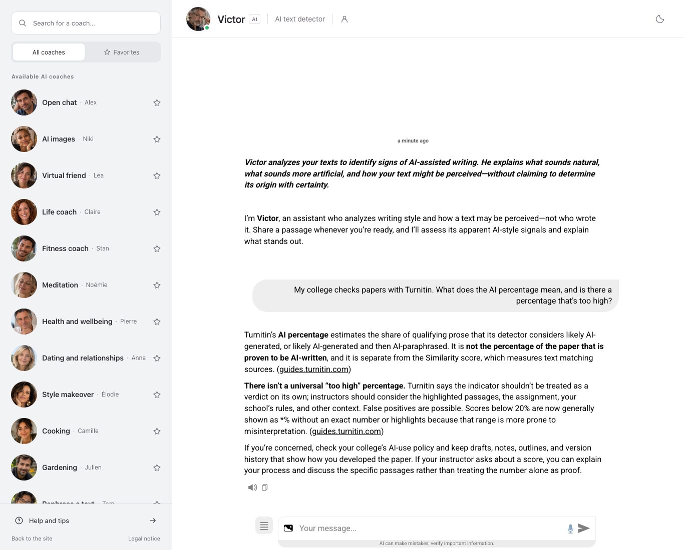 Screenshot of Victor’s chat on Nation AI: the AI text detector coach explains the Turnitin AI percentage and whether a number can be too high, full interface.