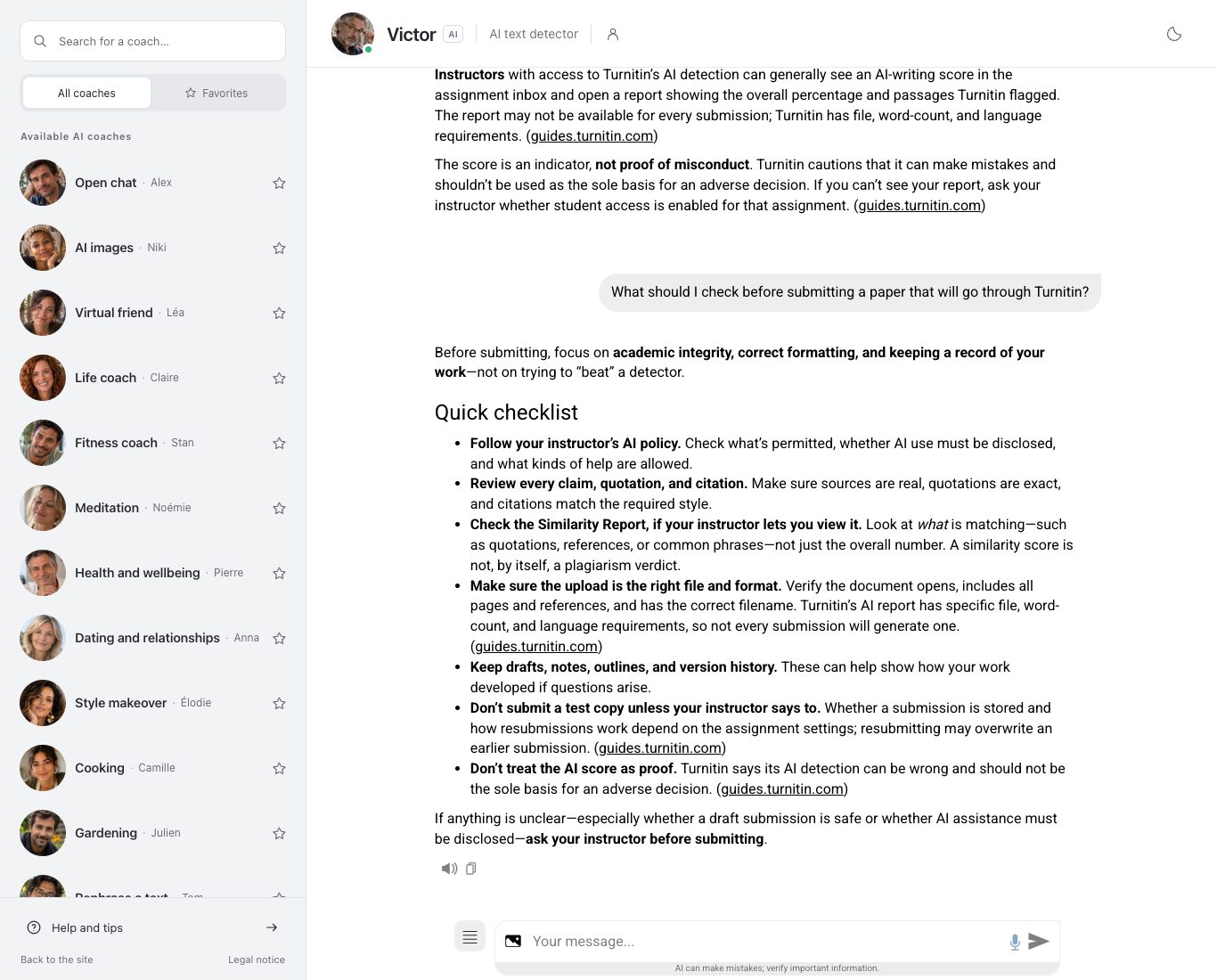 Screenshot of Victor’s chat on Nation AI: the AI text detector coach goes through his checklist before a submission, full interface.