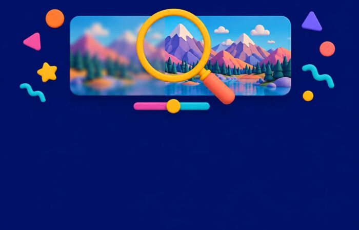 Unblurring an image with AI: a blurry photo becomes sharp under a magnifying glass, in a 3D illustration using Nation’s colors