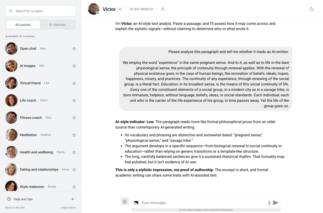 Screenshot of Victor's chat on Nation AI: his reply to a passage from a 1916 book by John Dewey, which opens with “AI-style indicator: Low.”